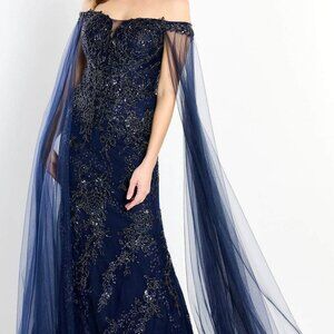 NWT Montage by Mon Cheri M2204 Beaded Applique Prom Dress Navy Size 14